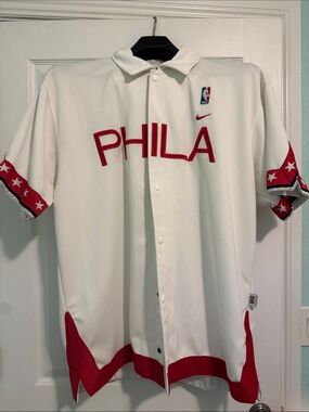 Nike Retro PHILA 76ers White and Red Button-Up Warm Up Jersey